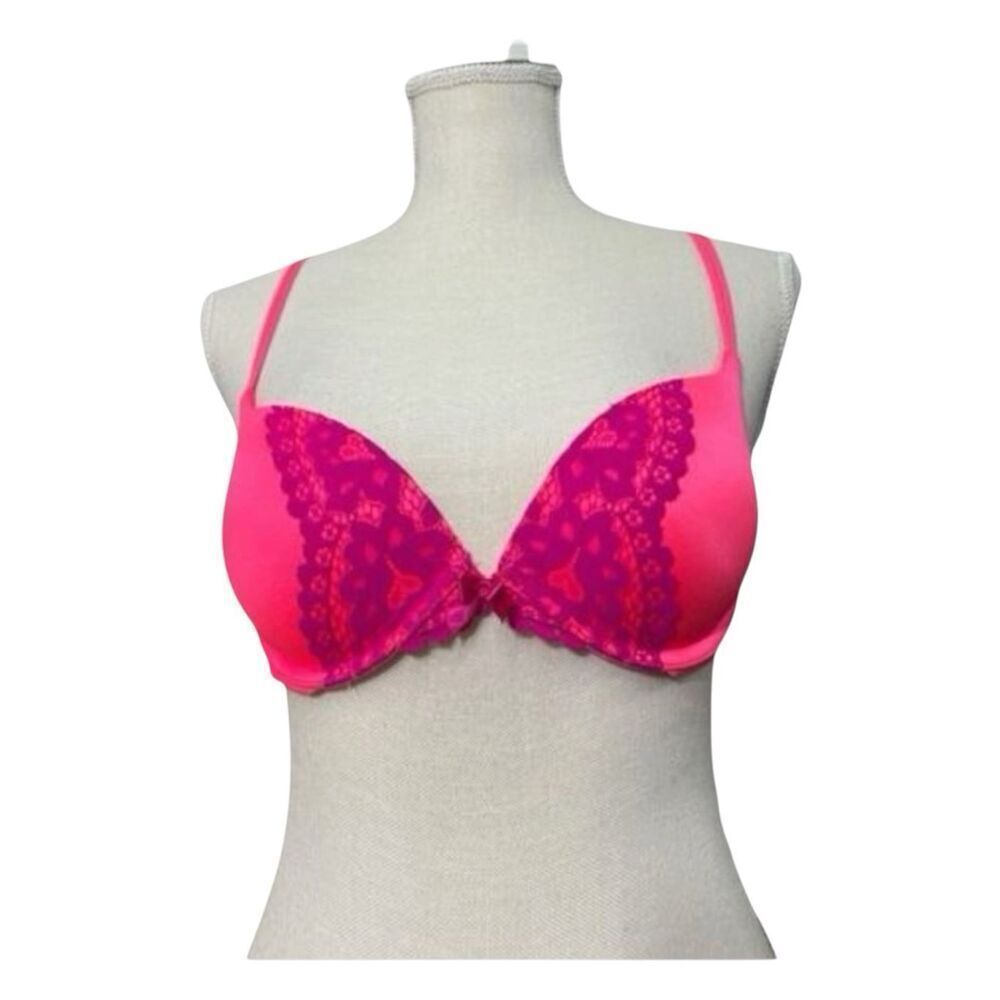 Victoria’s Secret Push Up Bra 34B Plunge Neon Pink Underwire Purple Floral Lace